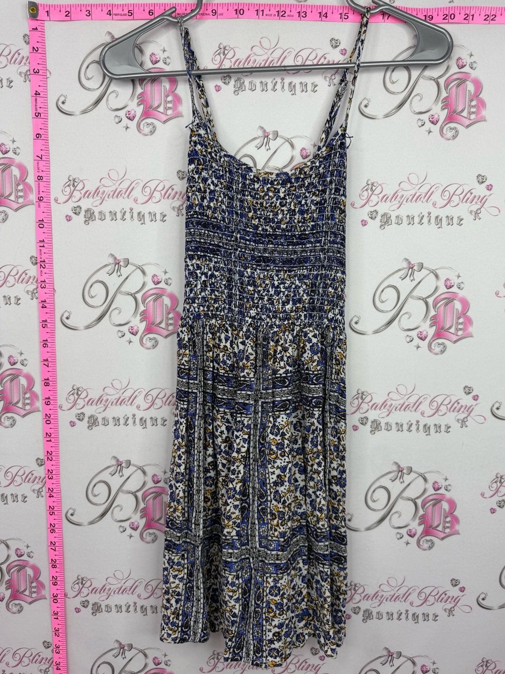 Forever 21 Blue and White Smocked Floral Mini Dress flowy flowers yellow
